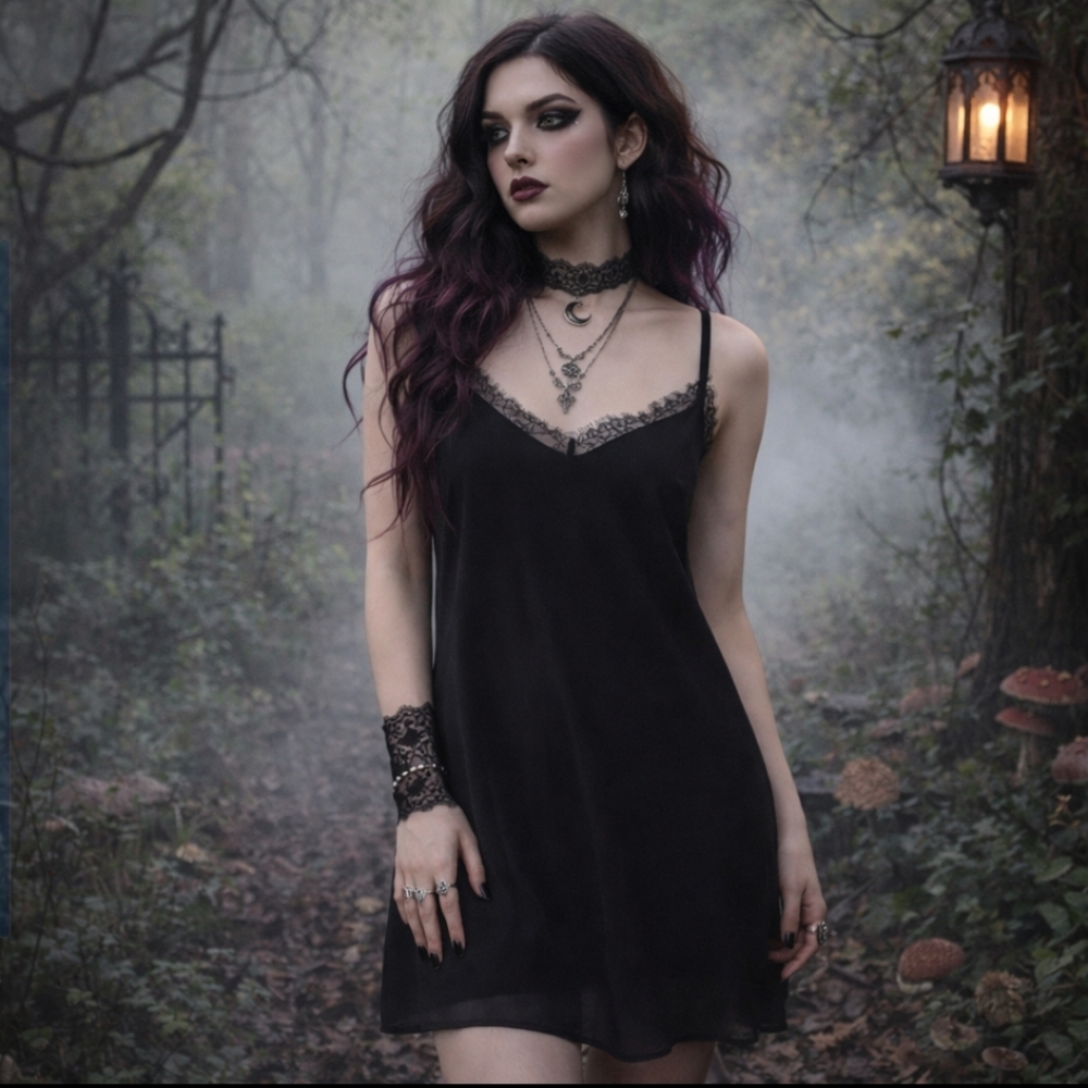 Lulu's Cami Mini Slip Dress Eyelash Lace Trim Size S Black Y2K Whimsigoth Goth
